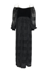 1970s Adele Simpson Off-Shoulder Pouf Sleeve Velvet & Chiffon Dress