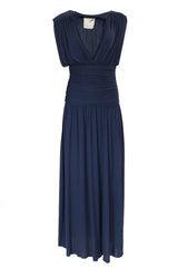 Resort 1986 Yves Saint Laurent Deep Plunge Front Blue Draped Silk Jersey Dress