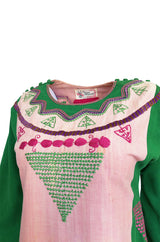1960s Josefa Pink & Green Hand Embroidered Cotton Caftan Dress