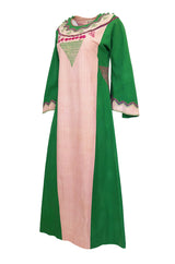 1960s Josefa Pink & Green Hand Embroidered Cotton Caftan Dress