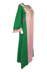 1960s Josefa Pink & Green Hand Embroidered Cotton Caftan Dress