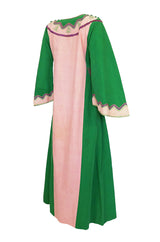 1960s Josefa Pink & Green Hand Embroidered Cotton Caftan Dress