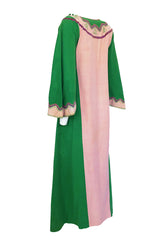 1960s Josefa Pink & Green Hand Embroidered Cotton Caftan Dress