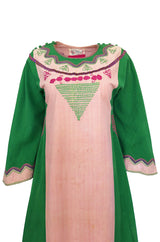 1960s Josefa Pink & Green Hand Embroidered Cotton Caftan Dress