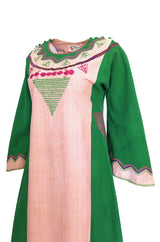1960s Josefa Pink & Green Hand Embroidered Cotton Caftan Dress