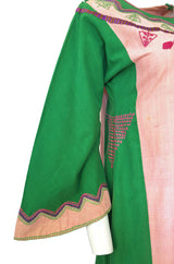 1960s Josefa Pink & Green Hand Embroidered Cotton Caftan Dress
