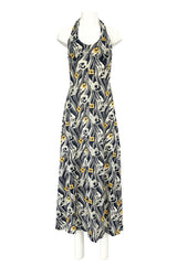 1970s Miss Dior Floral Printed Nylon Jersey Halter Neck Dress
