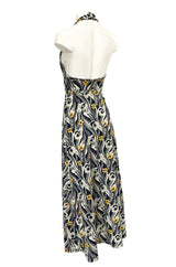 1970s Miss Dior Floral Printed Nylon Jersey Halter Neck Dress