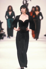 Fall 1986 Yves Saint Laurent Runway Black Patterned Velvet Dress w Sweetheart Neckline