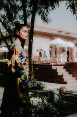 Recent Zazi Handmade Vintage Ikat Silk Blue & Gold Caftan Dress