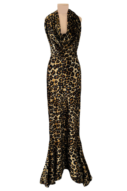 Rare Fall 1989 Patrick Kelly Runway Stretch Velour Leopard Print Dress w Multi-Tie Bodice