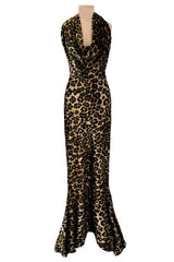 Rare Fall 1989 Patrick Kelly Runway Stretch Velour Leopard Print Dress w Multi-Tie Bodice