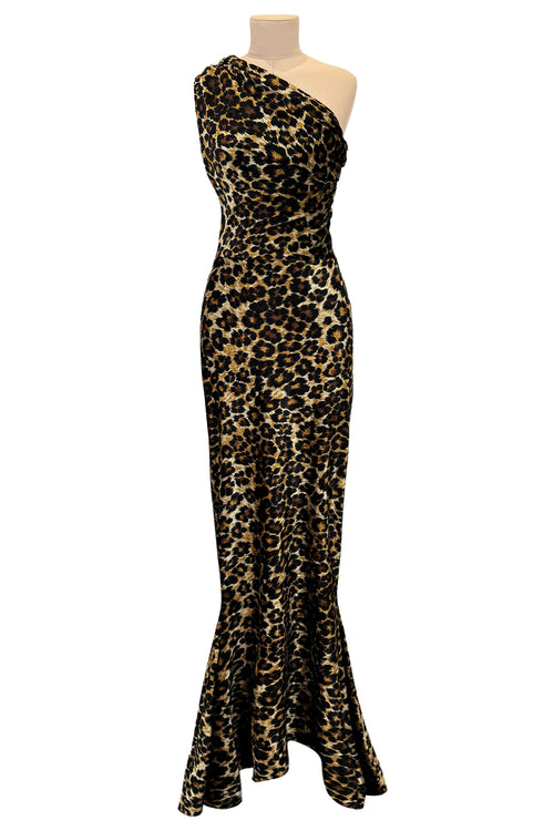 Rare Fall 1989 Patrick Kelly Runway Stretch Velour Leopard Print Dress w Multi-Tie Bodice