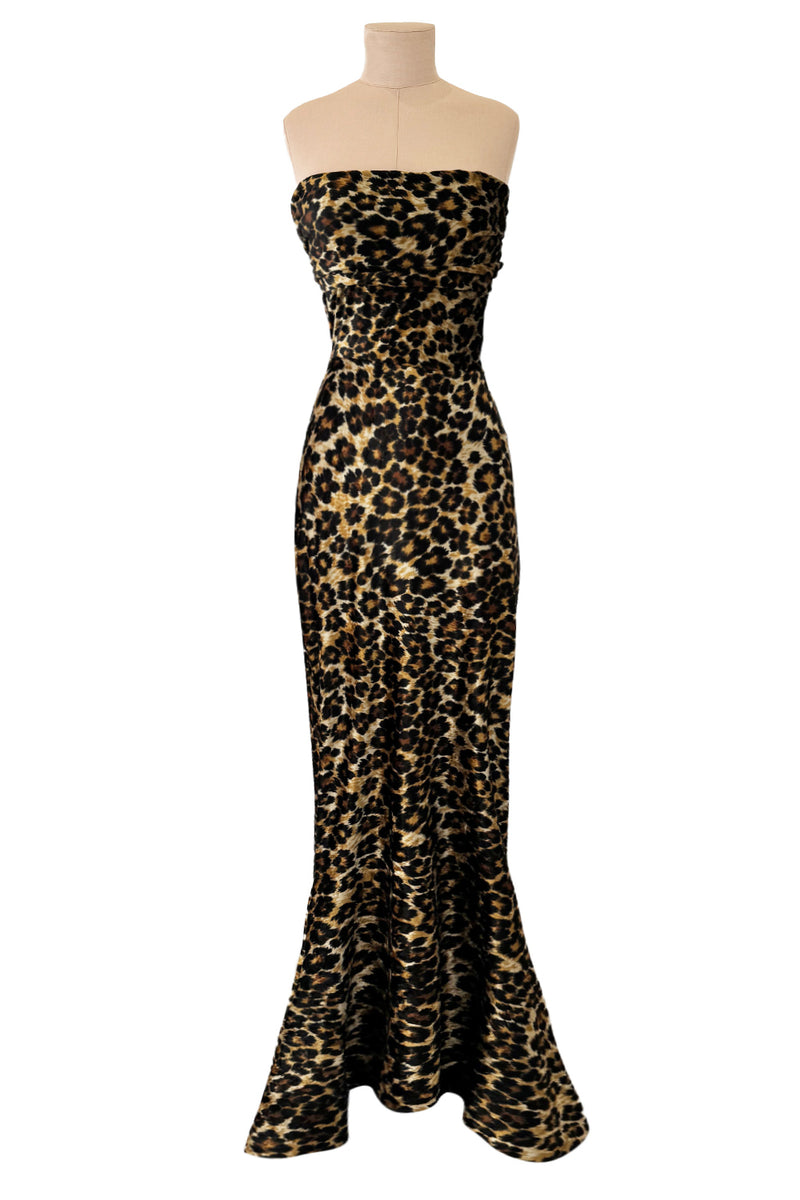 Rare Fall 1989 Patrick Kelly Runway Stretch Velour Leopard Print Dress w Multi-Tie Bodice