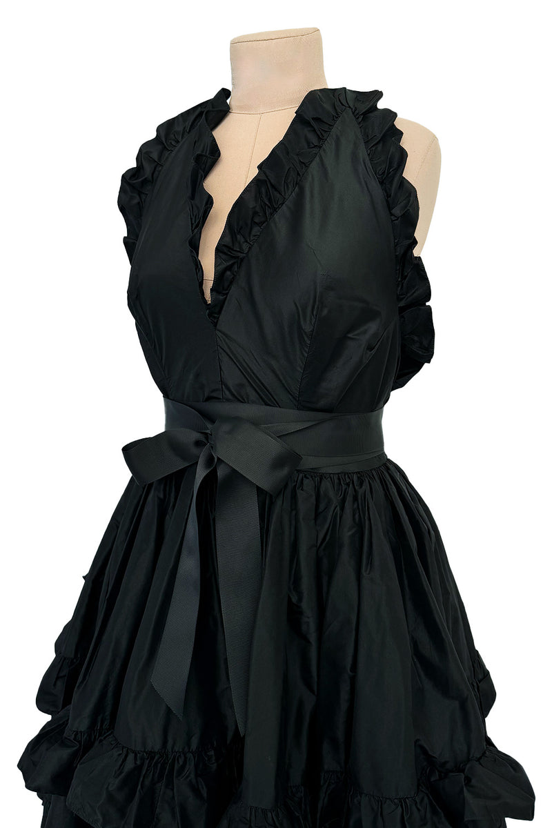 c 1970 Oscar de la Renta Black Silk Taffeta Backless Halter Neck Dress w Extensive Ruffle Detailing