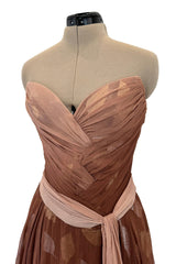 Prettiest Fall 1989 Bob Mackie Runway Silk Chiffon w Metallic Leaf Print Underlay Strapless Dress