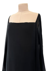 Minimalist c.1978 Pierre Cardin Haute Couture Black Silk Chiffon Dress w Huge Balloon Sleeves