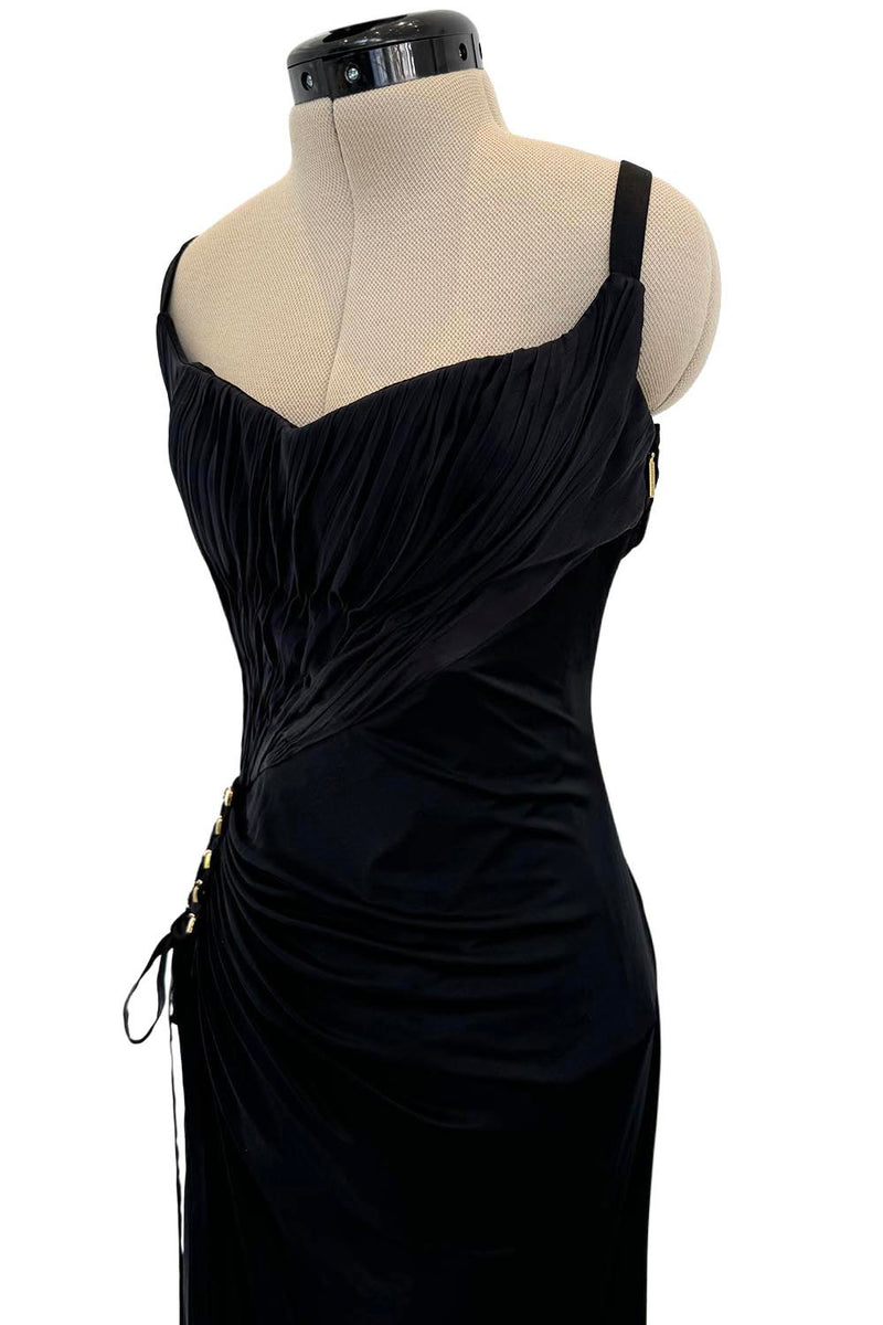 Outstanding Spring 2006 Roberto Cavalli Black Silky Jersey Corset Bodice Dress w Gold Hardware Detailing