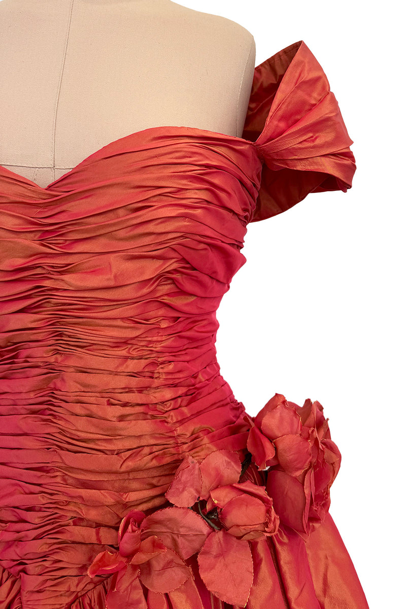 1989 Loris Azzaro Irridescent Coral Silk Taffeta Dress w Rosette Floral Detail