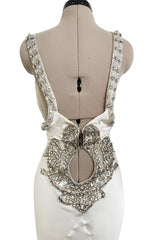 Iconic Spring 2006 Roberto Cavalli Front Plung & Open Back Heavily Detailed w Rhinestone Bias Cut Ivory Silk Dress