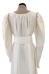 Amazing 1970s Yves Saint Laurent Silk Ivory Full Tent Dress w Belt, Ruffled Edges & Full Sleeves
