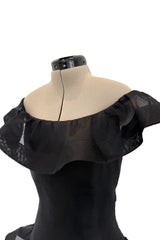 Gorgeous Spring 1992 Oscar de la Renta Runway Black Silk Organza Net Ruffled Off Shoulder Dress
