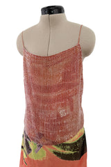 Prettiest Spring 2000 Giorgio Armani Runway Dusty Pink Beaded Halter Top & Silk Chiffon Skirt Set