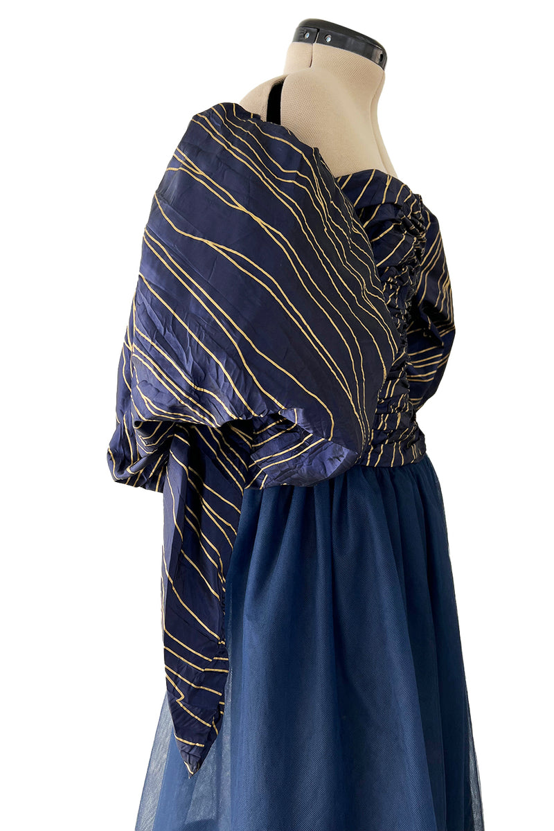 Very Rare Fall 1986 Chanel by Karl Lagerfeld Blue & Gold Strapless w Removable Sleeves