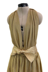 Fantastic Fall 1980 Bill Tice Metallic Gold Halter Front Backless Dress w Top Stiched Tie Belt & Front Slit