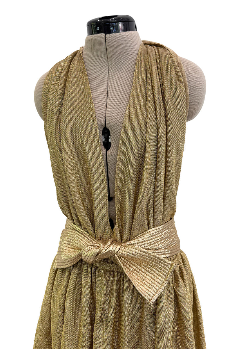 Fantastic Fall 1980 Bill Tice Metallic Gold Halter Front Backless Dress w Top Stiched Tie Belt & Front Slit