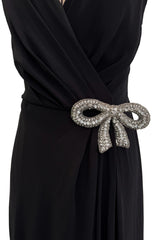 Beautiful 2000s Valentino Roma Black Bias Cut Silk Chiffon Dress w Front & Back Plunge & Silver Sequin Bow