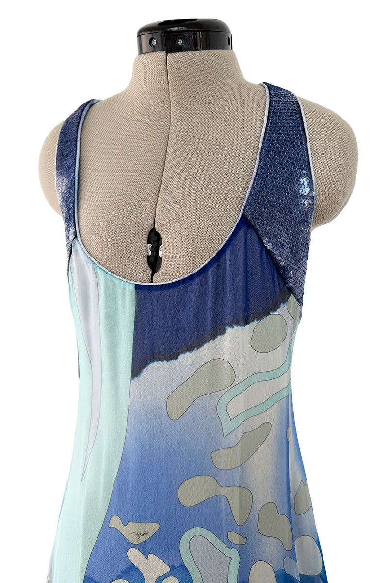 Spring 2010 Emilio Pucci by Peter Dundas Runway Look 24 Blue Printed Silk Chiffon & Sequin Dress