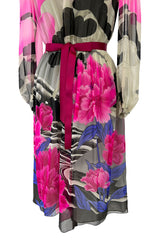 Romantic 1970s Hanae Mori Huge Pink Floral Print Silk Chiffon Dress w Grey Scale Backdrop