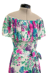 Prettiest Spring 1980 Yves Saint Laurent Floral Cotton Gauze Wide Shoulder Dress w Matching Tie Belt