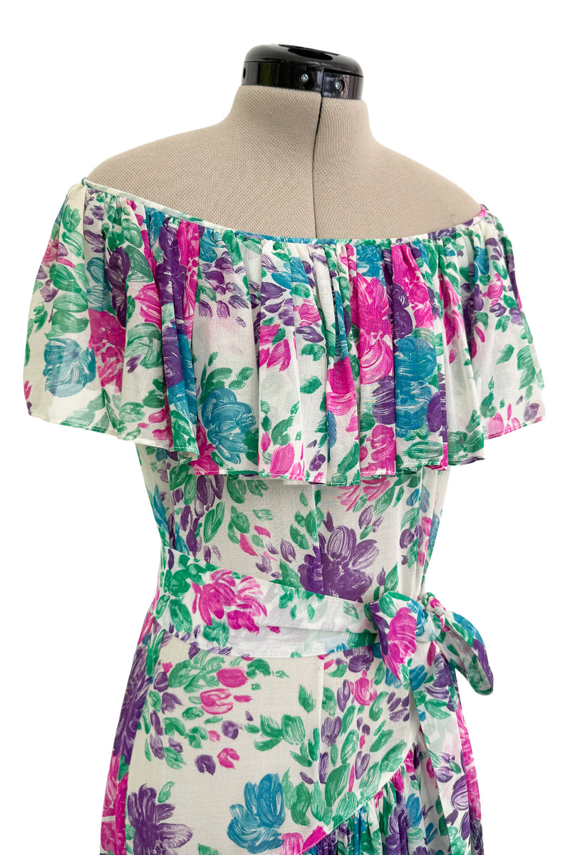 Prettiest Spring 1980 Yves Saint Laurent Floral Cotton Gauze Wide Shoulder Dress w Matching Tie Belt