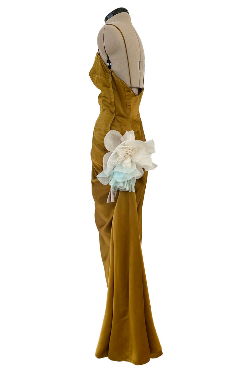 Stunning 1968 Mr Blackwell Custom Deep Copper Gold Silk Dress w Hip Swag & Flower Pin