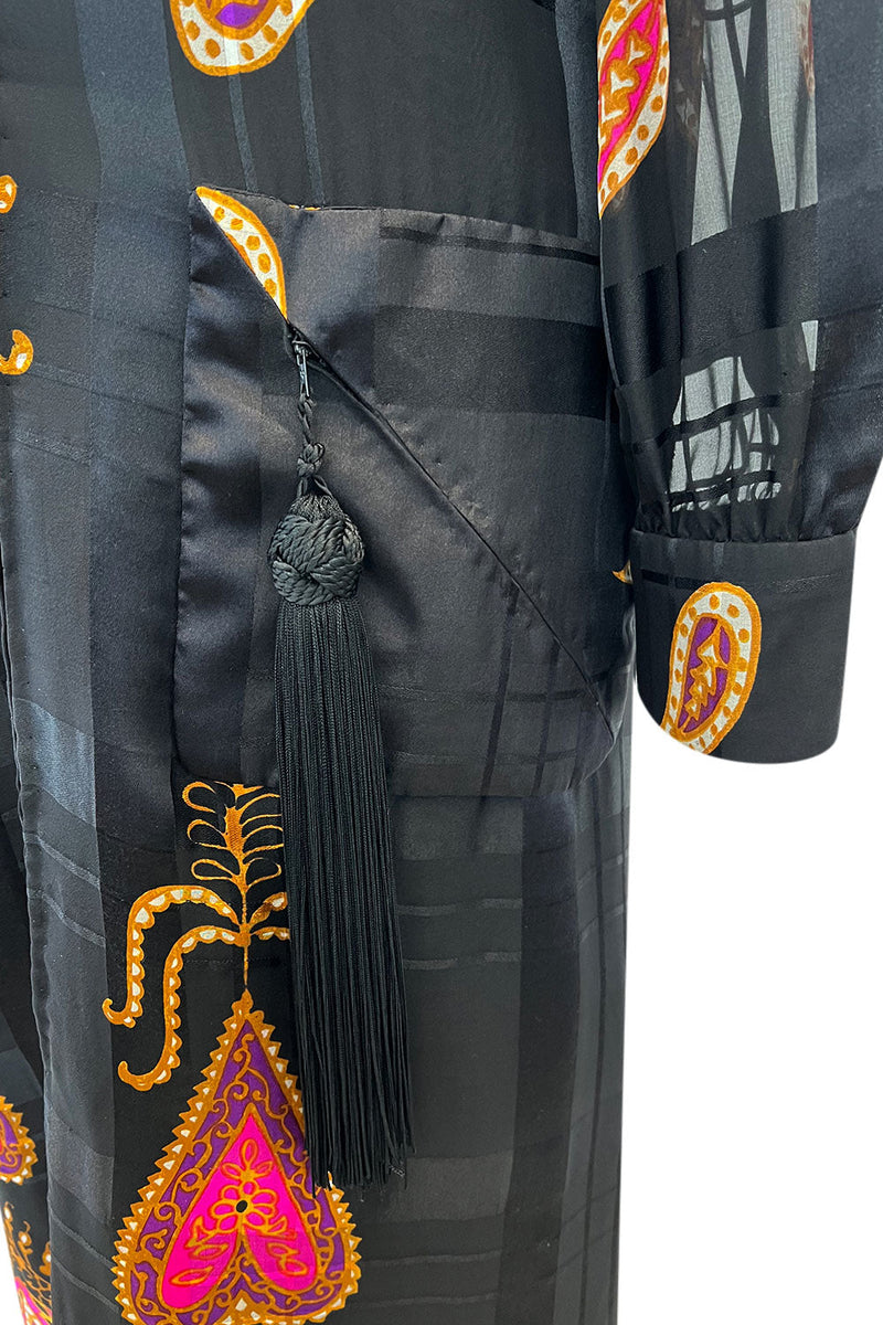 Documented Fall 1970 Valentino Printed Black Ribbon Silk Chiffon Dress w Huge Tassel Detail