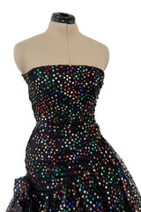 Gorgeous 1980s Arnold Scaasi Black Net Dress w Multi Colour Sequins & Asymmetrical Skirt