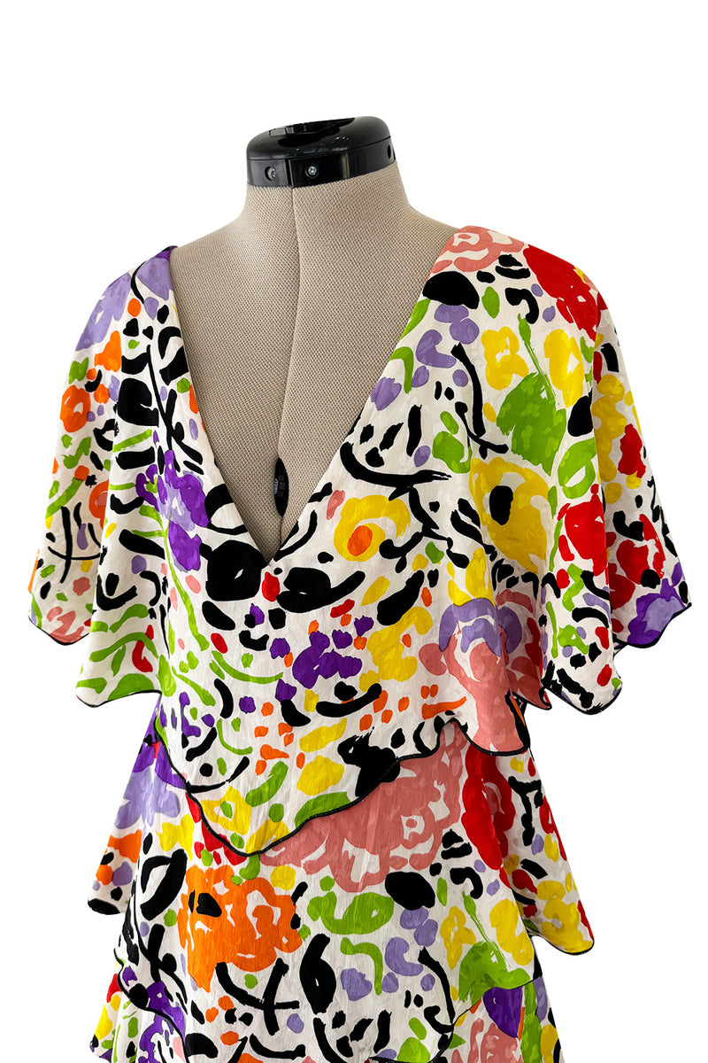 Prettiest 1970s Hollys Harp Bright Printed Silk Tiered V Front & Back Plunge Dress w Layered Tiers