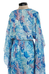 Dreamy 1970s Pierre Cardin Blue Floral Print Silk Chiffon Dress w Long Angel Sleeves