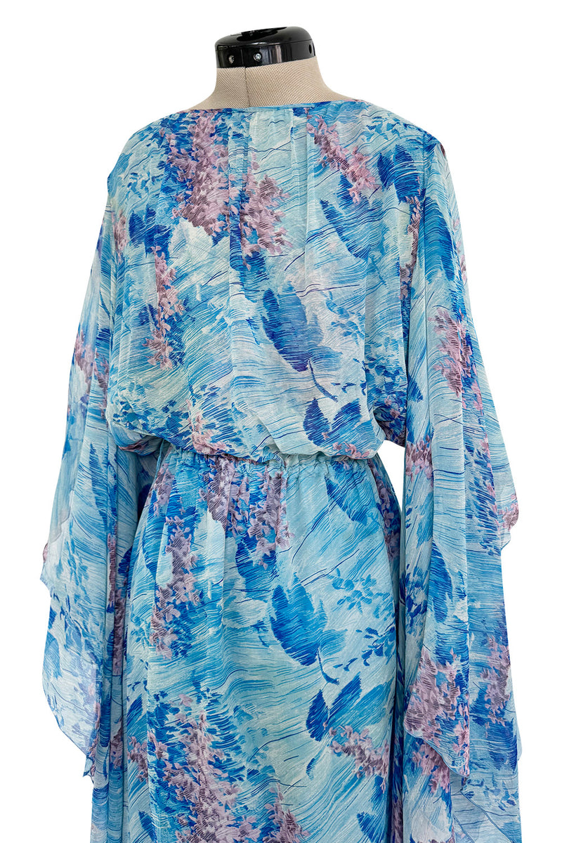 Dreamy 1970s Pierre Cardin Blue Floral Print Silk Chiffon Dress w Long Angel Sleeves