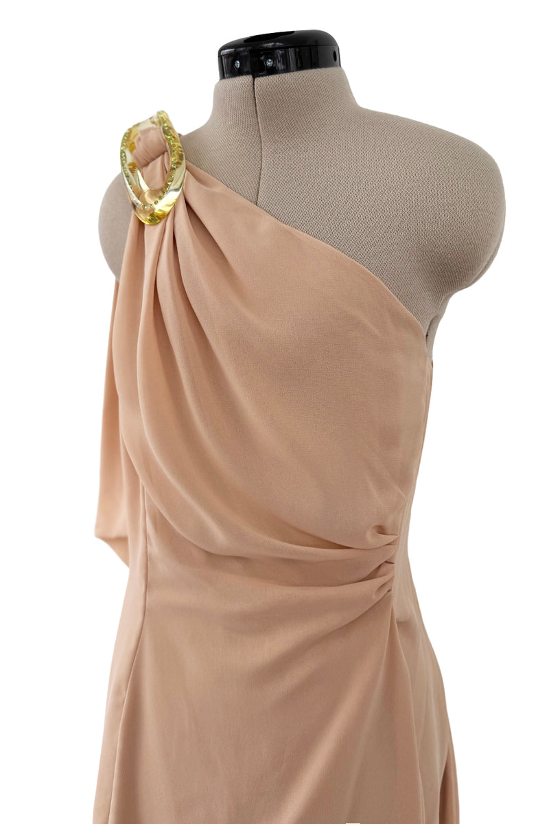 Spectacular Spring 2000 Thierry Mugler Runway Nude Chiffon One Shoulder Dress w Acrylic Detail