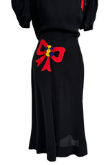 Gorgeous 1940s Unlabeled Black Crepe Dress w 3D Floral Detailed Bright Red Bow Appliques