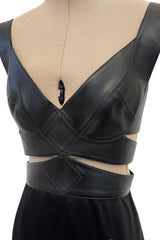 Incredible Fall 2021 Alaia Leather Cut Out Bustier Dress w Cage Back & Hammered Silk Skirt