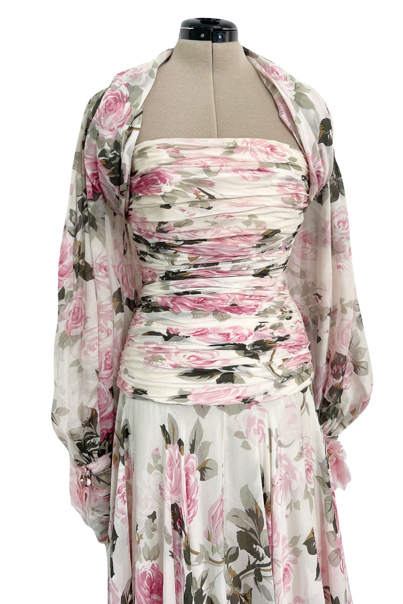 Prettiest 1970s Lanvin Couture Pastel Floral Print Strapless Silk Chiffon Dress w Balloon Sleeve Jacket