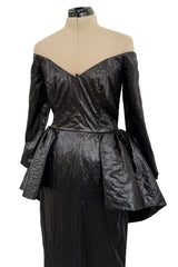 Glamourous 1980s Loris Azzaro Black Off Shoulder Leather Look Dress w Hip Peplum