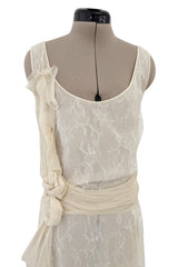 Fall 2007 John Galliano Ivory Silk Chiffon & Lace Dress w Silk Rosettes