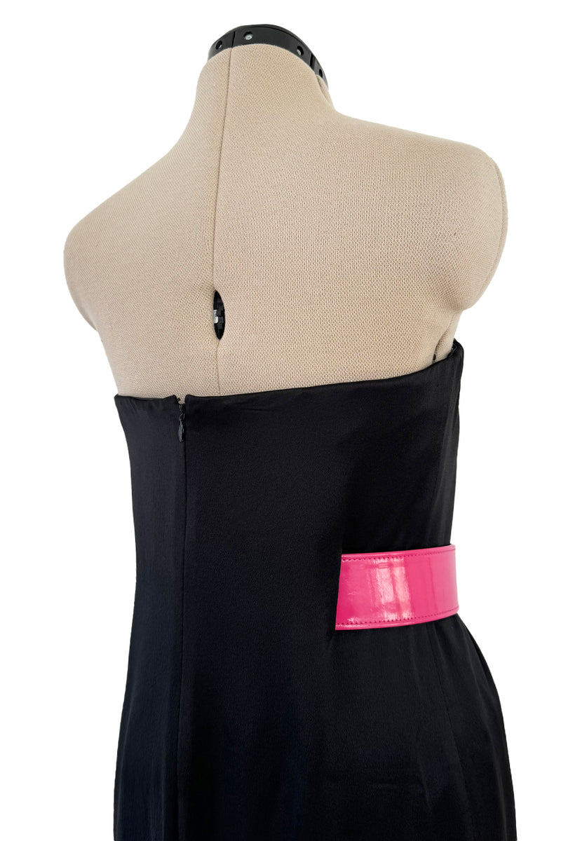 Fabulous 2008 Alexander McQueen Strapless Black Silk Dress w Vibrant Pink Patent Leather Belt