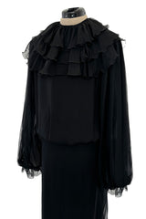 Superb Late 1970s James Galanos Multi Layer Black Silk Chiffon Dress w Removeble Ruffled Collar