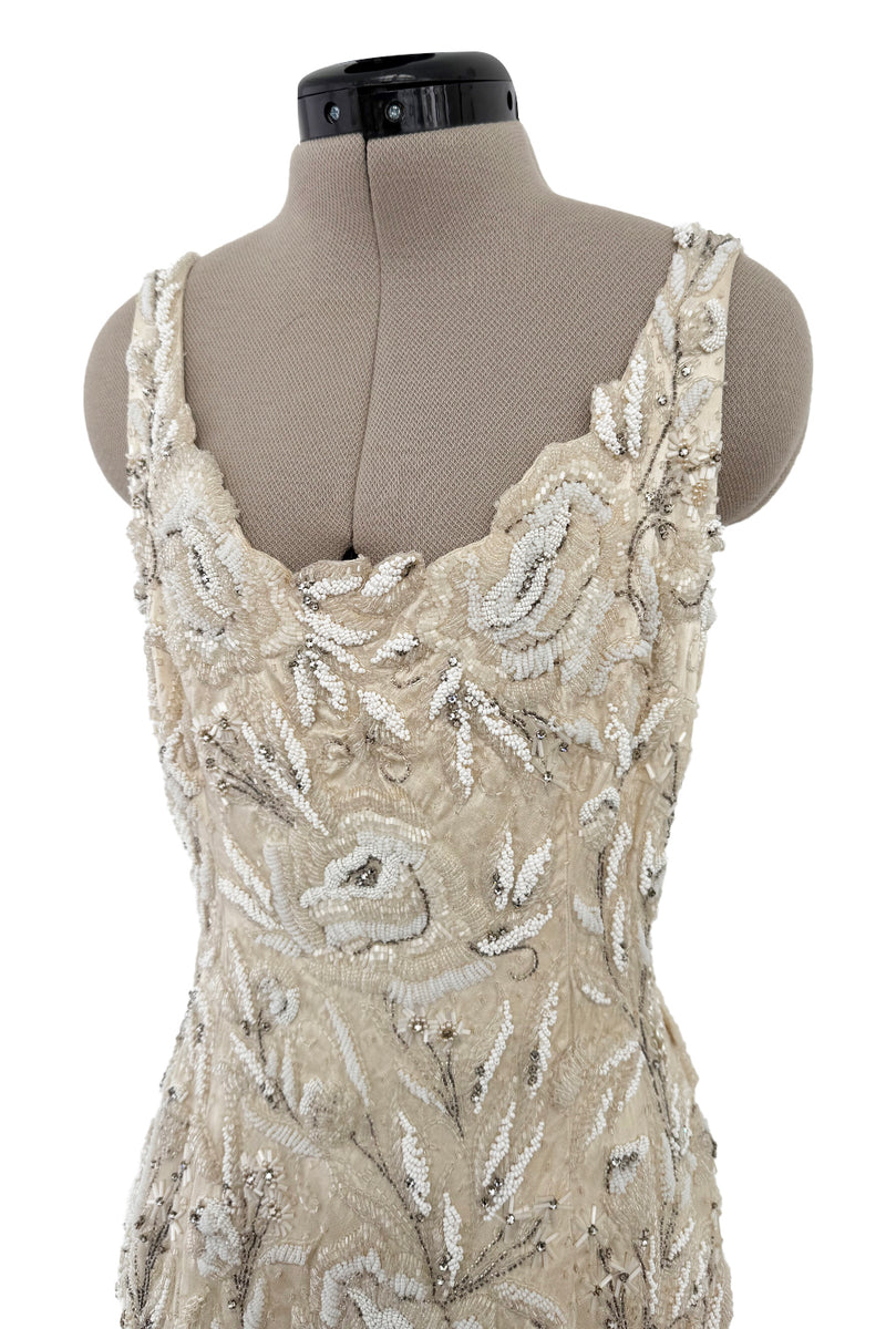 Amazing 1950s Mde. Etoile Ivory Silk Heavily Hand Beaded Demi Couture Dress w Scoop Back